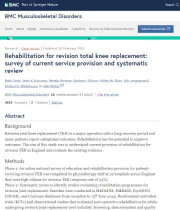 Screenshot of the paper Rehabilitation for revision total knee replacement: survey of current service provision and systematic review