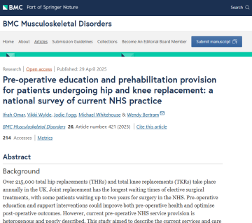 Screen shot of the Pre-operative education and prehabilitation provision for patients undergoing hip and knee replacement: a national survey of current NHS practice paper